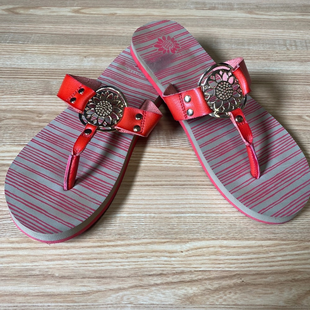 YellowBox Sunflower Flip Flop in Red-Orange color - size 10